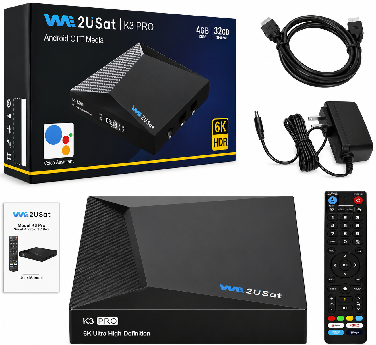We2USat K3 Pro Android TV box with remote, HDMI cable and power adapter